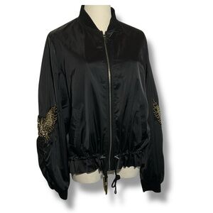 Nu Denmark Jacket Black Satin Beaded Eagle Bomber Zip Womens Size Medium‎
